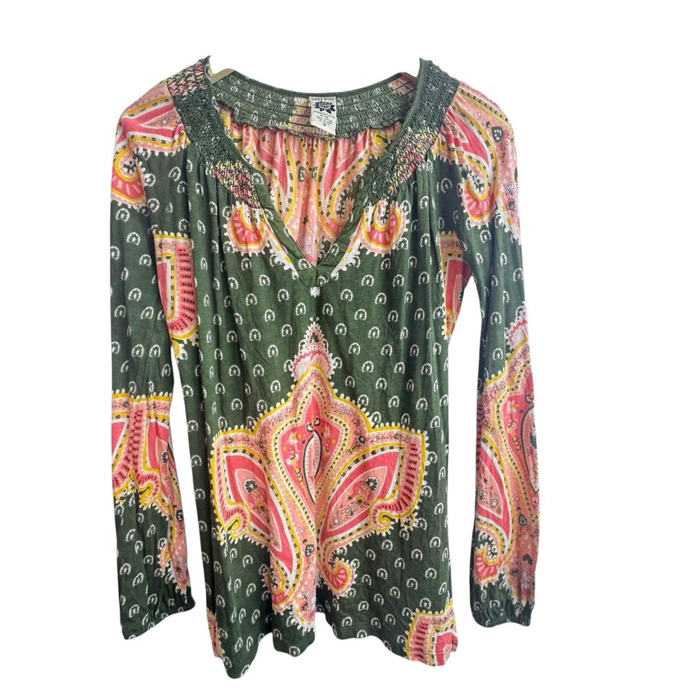 Vtg Y2K Lucky Brand Vintage M Green Floral Paisley Mandala Tunic Top Smocked